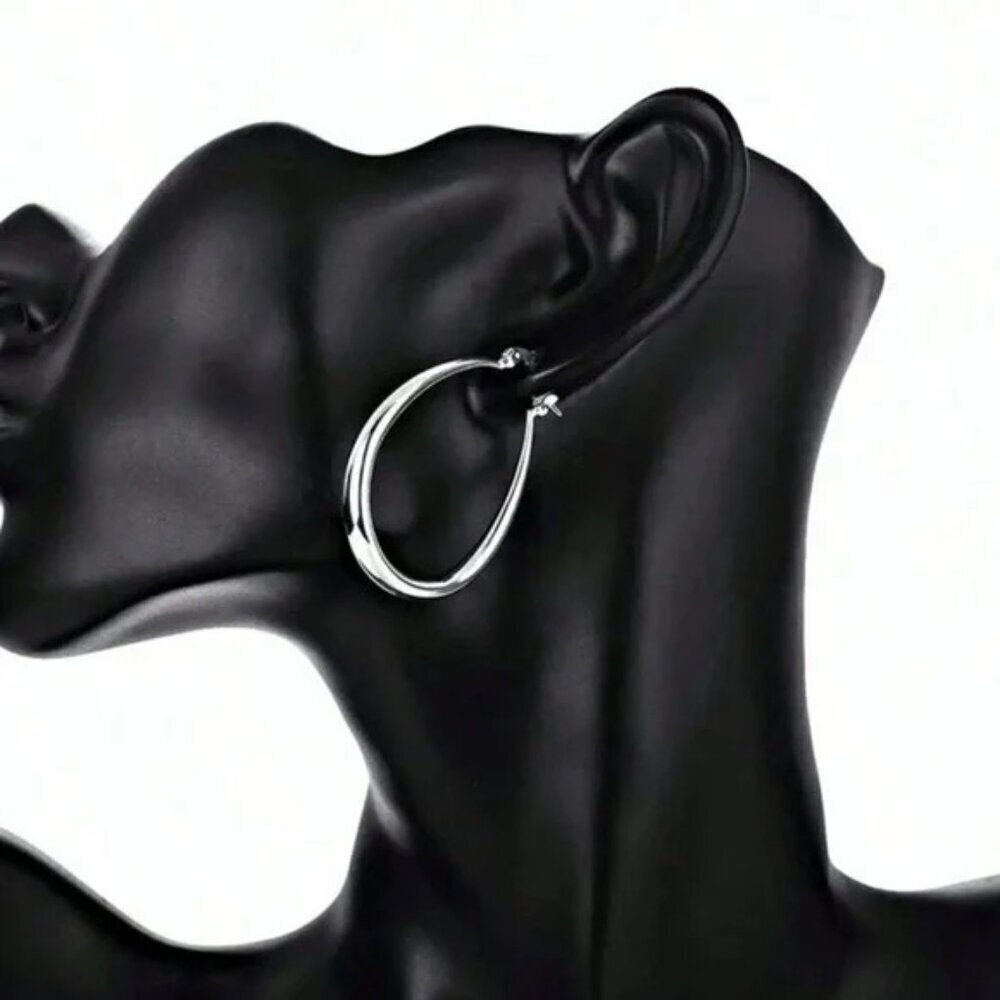 SILVER 925 41 mm Drop Shape Hoop Earrings - Picture 2 of 4